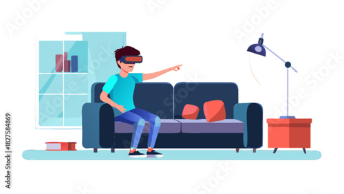 Exploring virtual reality man wearing vr headset sitting on sofa in living room experience technology