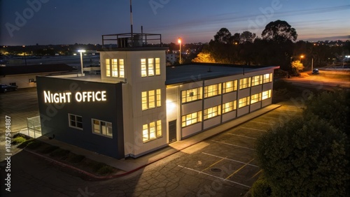 Overhead nighttime view of a modern office building