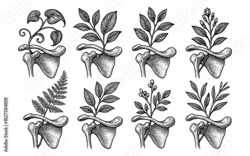 Botanical anatomy: plants growing from human shoulder blades in ink art style