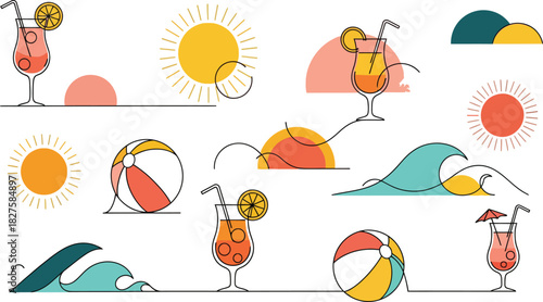 Vibrant collection of hand drawn summer vacation elements including refreshing tropical cocktails cheerful sun characters playful beach balls and stylized ocean waves perfect for holiday designs