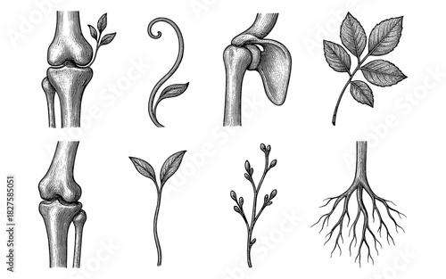 Vintage botanical and anatomical sketches with detailed bone and plant illustrations