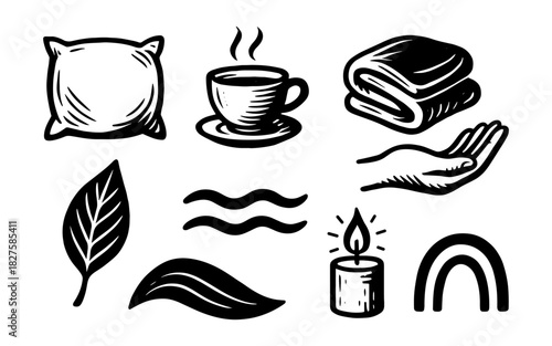 Cozy icons set featuring pillow, tea cup, blanket, leaf, candle, and rainbow in hand drawn black and white style
