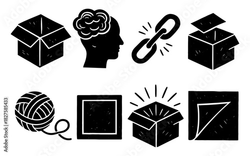 Silhouette icons of creativity and concepts: box, brain, and more