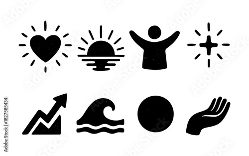 Minimal symbols set: heart, sun, growth, wave, star, circle, hand icons