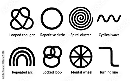Abstract geometric symbols collection: circular, spirals, and arcs for design concepts