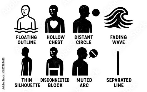 Grunge silhouette icons: floating outline, hollow chest, distant circle, fading wave