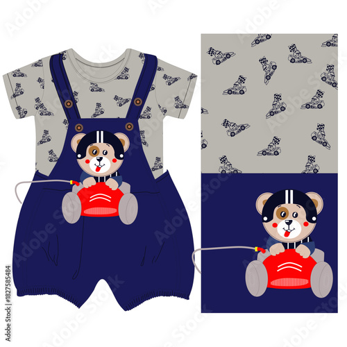 boys  dungaree teddy  car ride  print vector art