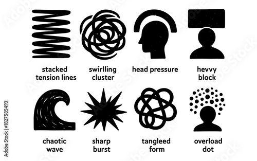 Set of abstract mental health icons depicting stress and overload