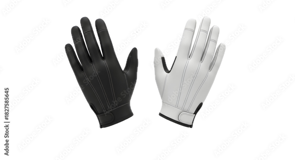 Obraz premium Opposite hands black and white gloves against black background
