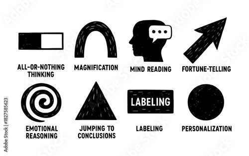Cognitive distortions icons set: hand-drawn psychological concept illustrations