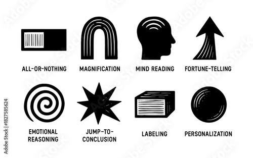 Minimalist icons depicting cognitive biases and thought patterns