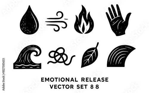 Emotional release icons set featuring nature and abstract elements in black and white