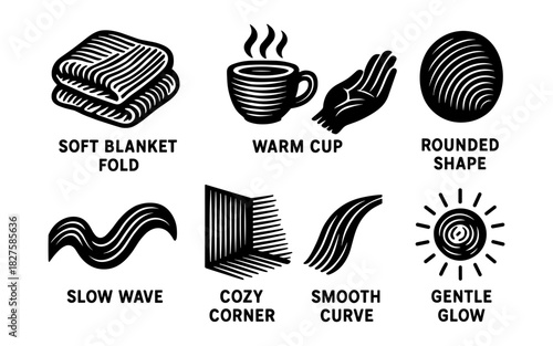Minimalist line art: cozy blanket, warm cup, smooth curves, and gentle glow icons