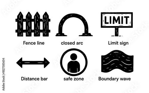 Minimalist safety icons set featuring fence, arc, and limit sign