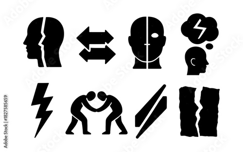 Silhouette icons of conflict and tension: heads, arrows, lightning, and wrestling figures