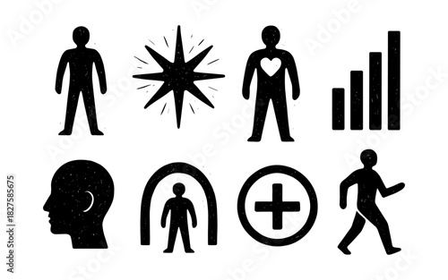 Grunge style human icons: people, health, growth, and activity silhouettes