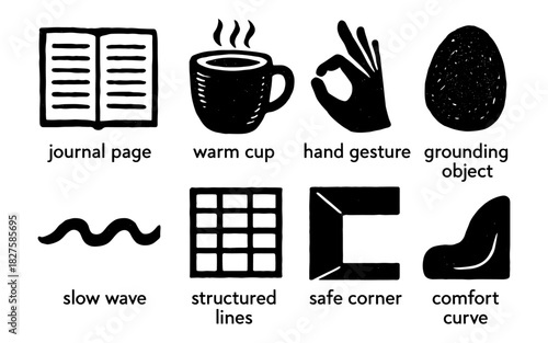 Minimalist black icons: cozy elements and simple gestures with abstract shapes