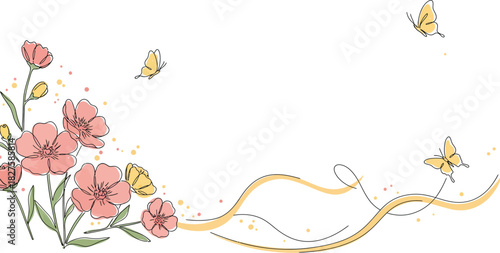 Delicate pink floral arrangement with fluttering yellow butterflies and golden swirling vines creating a whimsical and elegant border on a clean white background
