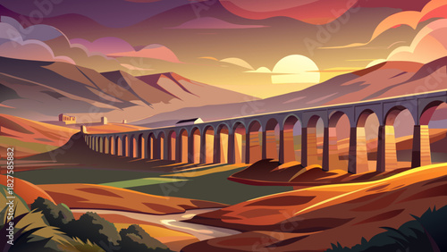Very beautiful sunset landscape featuring the Ribblehead Viaduct glowing in warm golden light, with rugged foreground rocks and soft atmospheric tones creating a serene countryside scene.