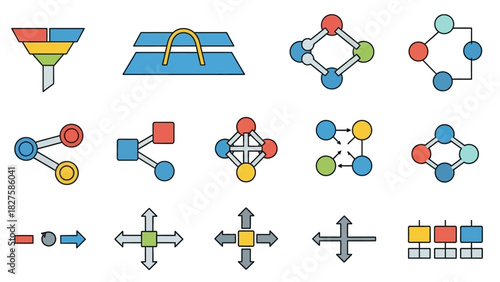 A collection of colorful flat design icons representing various concepts like data filtering, connections, and processes.