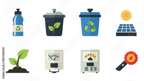 A collection of icons representing environmental sustainability, renewable energy, recycling, composting, and plant growth.