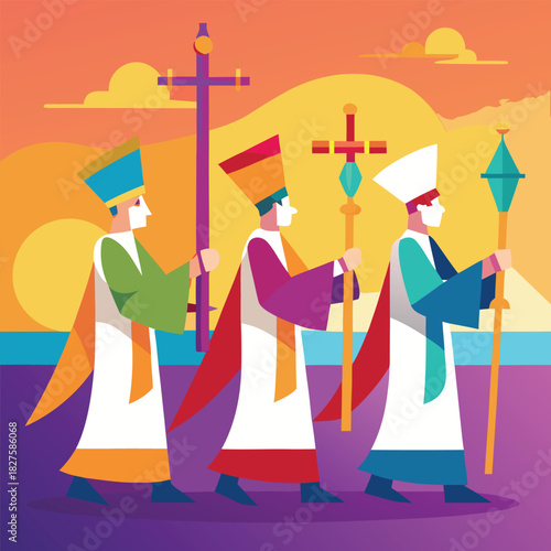 Jesus Christ and cross silhouette vector illustration with group of people family and a woman in fashion design clothes shopping bag