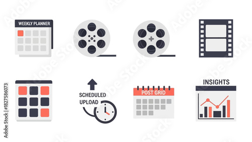 A collection of flat design icons representing various aspects of content creation and scheduling, including calendars, film reels, and analytics.