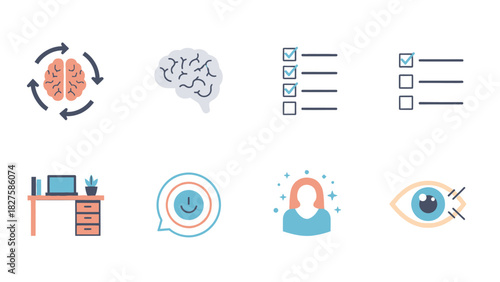 Collection of various icons representing concepts such as brain, checklist, desk, and vision.