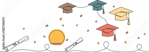 Celebrating graduation with colorful academic caps flying like kites on a white background with a subtle barbed wire fence and the year 2024 in a minimalist artistic style