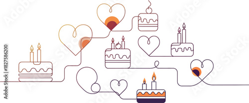 A delightful hand drawn illustration of a variety of festive birthday cakes and love heart