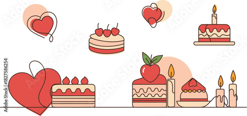 A charming hand drawn illustration featuring a collection of sweet treats including delicious cakes and romantic hearts perfect for celebrations and expressions of love and joy