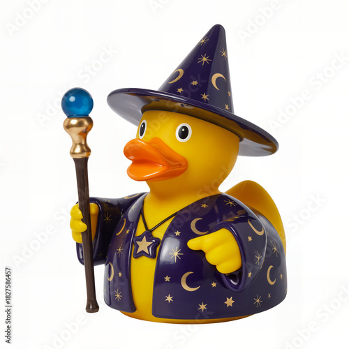 Wallpaper Mural "Wizard Rubber Duck Toy in Purple Star-Crescent Robe and Pointed Hat Holding Magic Staff — Cute Yellow Bath Toy for Kids, Novelty Collectible, Fantasy Prop" Torontodigital.ca