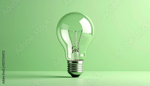 Clear lightbulb with metallic base is positioned against soft pastel green background, creating serene and modern aesthetic, bulb