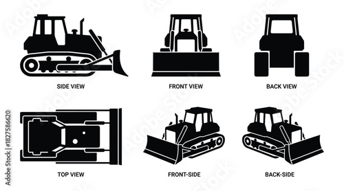 Illustrations depicting a bulldozer from various angles for construction use.