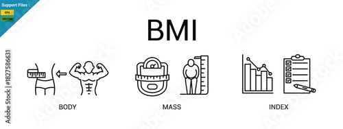 BMI - Body mass index fot health life, obesity and overweight vector illustration with icons and keywords