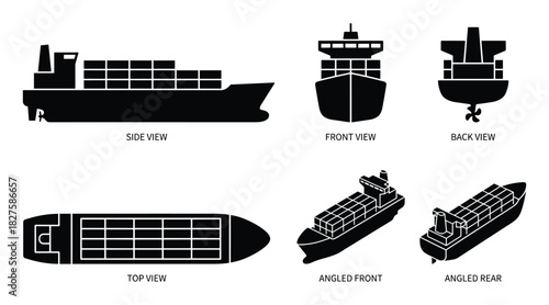 Cargo Container Ship: Side, Front, Back, Top, Angled Views with Detail, Vector