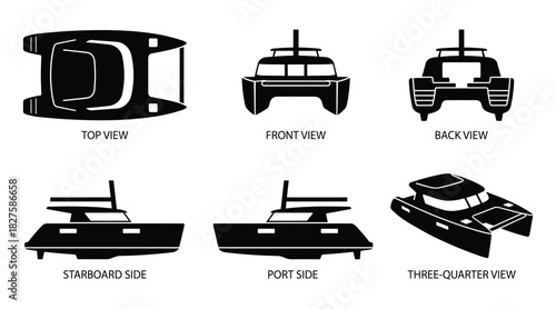 Detailed illustration: Multihull sailing catamaran boat views in vector