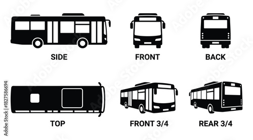 Detailed urban bus illustration showcasing multiple different viewpoints.