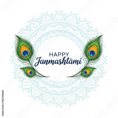 happy Janmashtami Festival Banner with Peacock Feathers and Mandala Background.