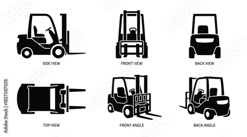 Forklift truck vector illustration showcasing multiple views on white background.