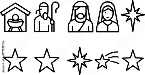 Nativity icons set. Holy family, manger, baby Jesus, Mary, Joseph, Christmas religious outline illustrations