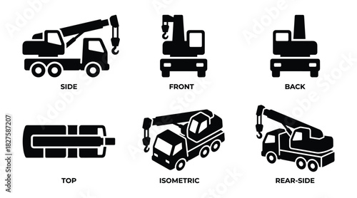 Construction Crane Vehicle Icon Set - Side, Front, Back, Top, Isometric Views