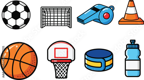 Set of colorful cartoon sports equipment icons for various athletic games and training activities
