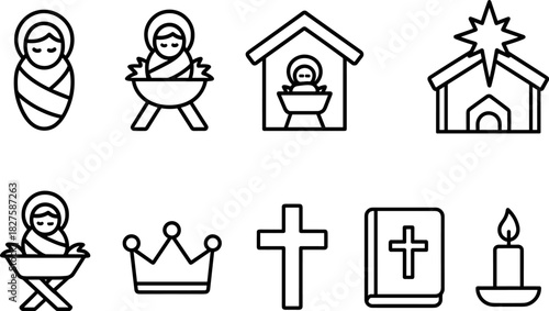 Nativity icons set. Holy family, manger, baby Jesus, Mary, Joseph, Christmas religious outline illustrations