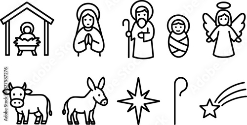Nativity icons set. Holy family, manger, baby Jesus, Mary, Joseph, Christmas religious outline illustrations
