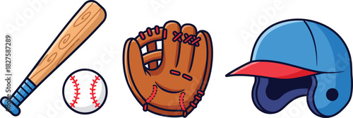 A cartoon collection of baseball sports equipment featuring a bat, ball, glove, and helmet illustration
