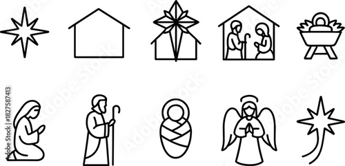 Nativity icons set. Holy family, manger, baby Jesus, Mary, Joseph, Christmas religious outline illustrations