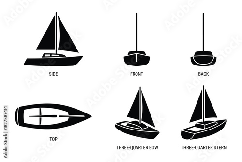 Technical sailing yacht sketch featuring multiple views, boat design diagram.