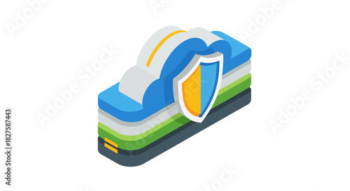 Isometric vector illustration of secure cloud storage technology and data center protection with a shield icon