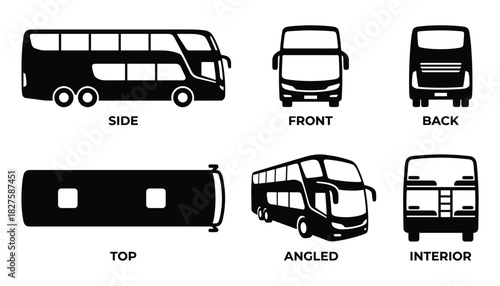 Detailed illustration of a modern double-decker bus from various views